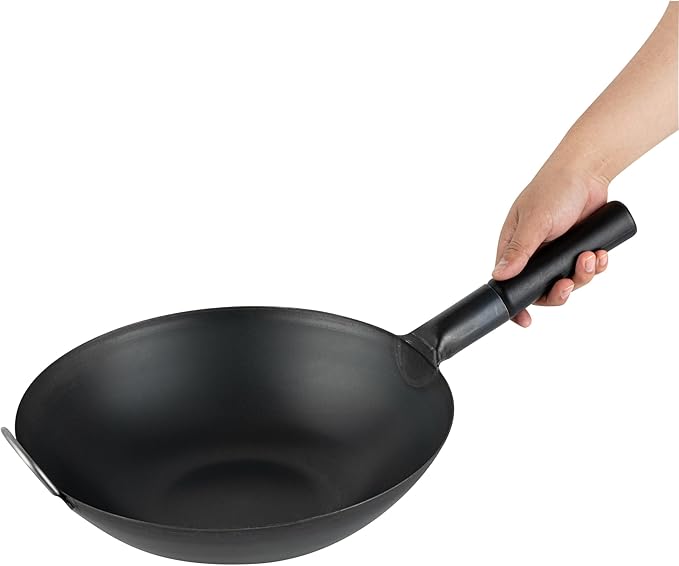 Restaurantware Carbon Steel Wok 10 Pack of 13.3 Inch Heavy-Duty Uniform Heat Distribution Pan Induction Compatible Flat Bottom Wok Welded Handle Black For Gas Stovetops And Grills