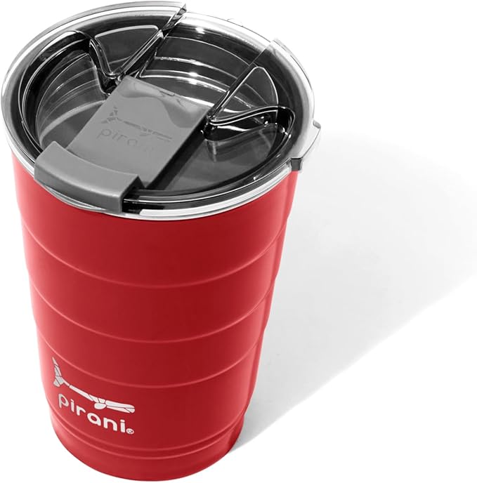 Pirani 16oz Insulated Stackable Tumbler - Skinny-Wall Triple Vacuum Insulation Cup with Version 2.0 Air-Tight, Screw-On Lid Lid - Space Saving Design - Party Red