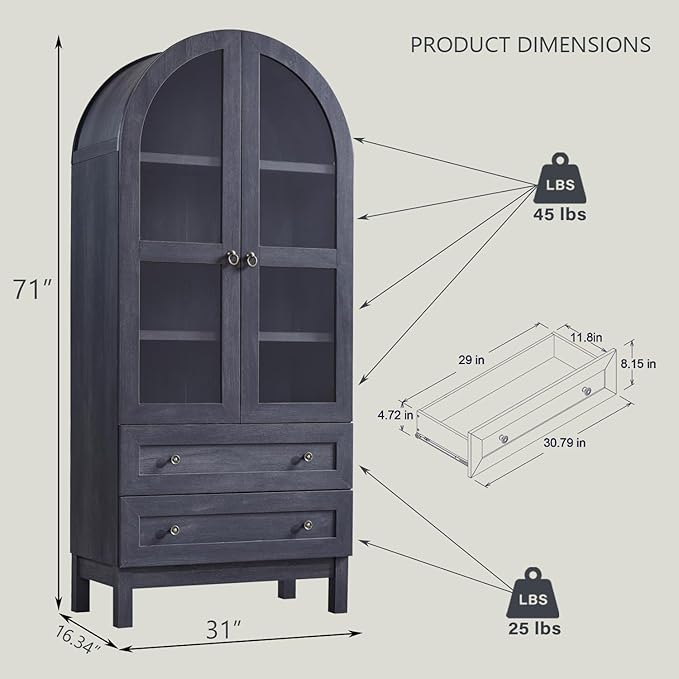 71" Tall Arched Kitchen Pantry Cabinet, Wood Kitchens Storage Cabinets with 2 Large Drawers and Adjustable Shelves, Modern Farmhouse Versatile Cupboard for Kitchen, Dining Room, Bathroom, Grey