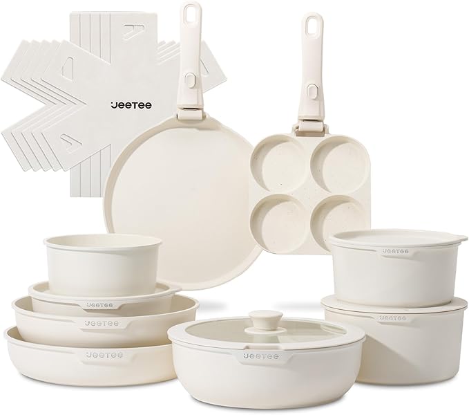 JEETEE Pots and Pan Set Non Stick 20 Pcs, Cookware Set Detachable Handle, RV Kitchen Cooking Set Removable Handles, Stackable Non-stick Set, Oven Safe, Beige
