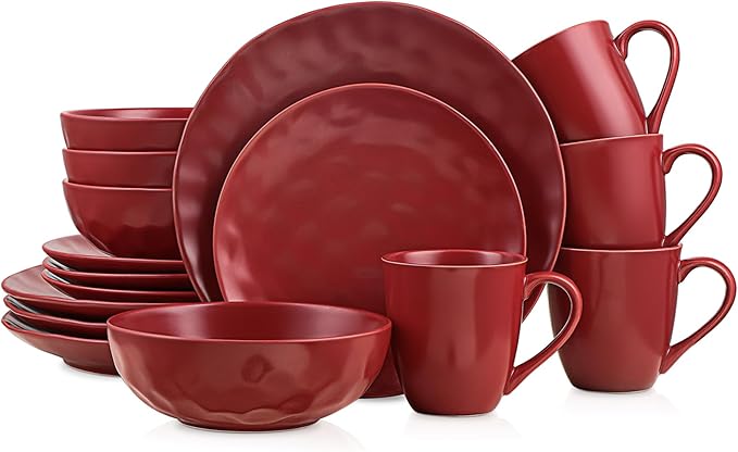 Stone Lain Sam Porcelain16 Piece Dinnerware Set, Home Kitchen Dish Set with Dinner Plates, Salad Plates, Bowls, & Mugs - Service for 4, Red