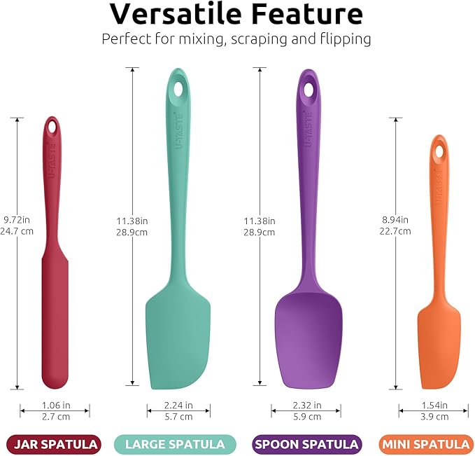 U-Taste Heat Resistant Silicone Spatula - 600쨘F Hot-Proof Food Grade Kitchen Baking Bowl Scraper, Flexible and Sturdy Rubber Cooking Utensil for Mixing Scraping in NonStick Cookware (4 Pcs, Colorful)