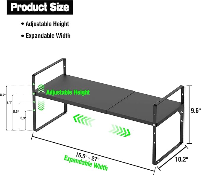 ?랤xpandable Kitchen Cabinet Storage Shelf, Stackable Metal Pantry Storage Shelves Organizer, Adjustable Height Counter Spice Rack for Kitchen Cabinet (Black - 16.5"-27" L x 10.2" W x 9.6" H - 3Pack)