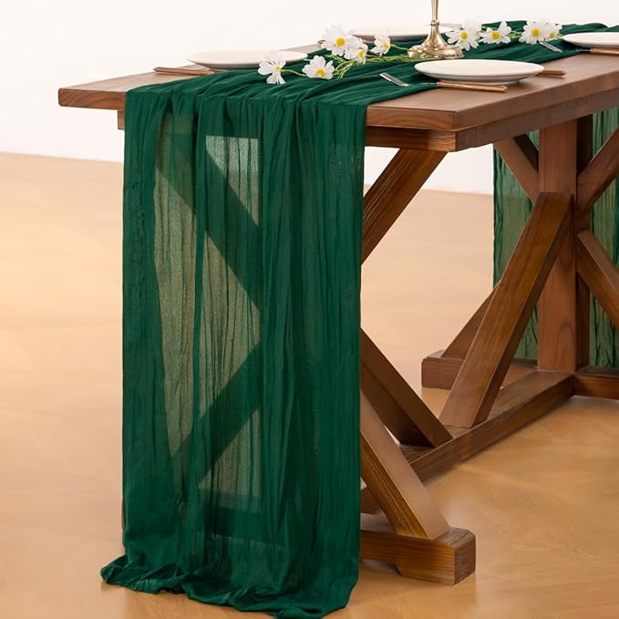 Socomi 3pcs Emerald Green Cheesecloth Table Runner Valentine's Day Boho Rustic Gauze 120 inch 10FT Cheese Cloth Runner for Wedding Party Baby Shower Birthday Home Decor Holiday Decorations