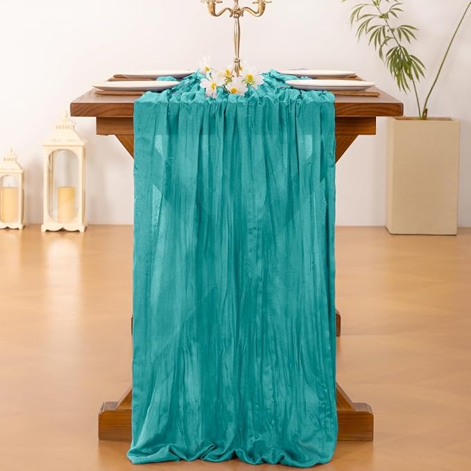 Socomi Teal Blue Spring Cheesecloth Table Runner Boho Rustic Gauze 120 inch 10FT Cheese Cloth Runner for Wedding Party Baby Shower Birthday Home Decor