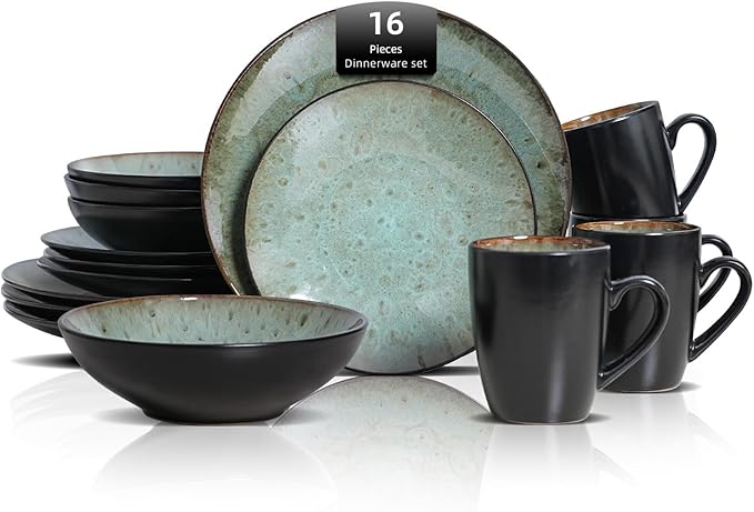 Stoneware Dinner Set Reactive Glaze (16pc Set, Java Green)
