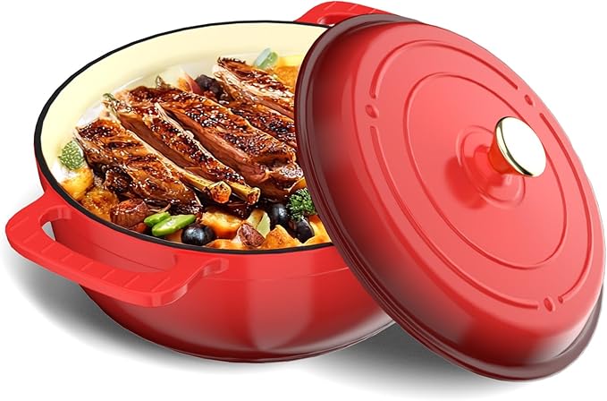 Bonnlo 6QT Round Dutch Oven, Enameled Cast Iron Dutch Oven Pot with Lid & Dual Handles, Oven Safe Up to 500째 F, for Sourdough, Bread Baking, Stews and Roasting (Red)