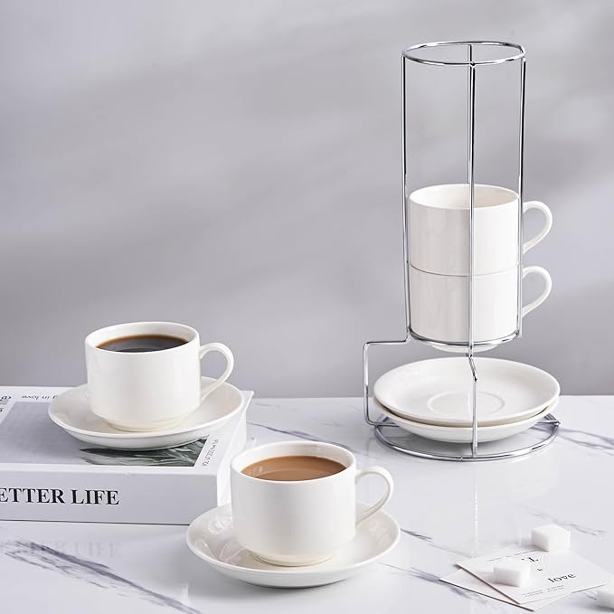 8oz Porcelain Cappuccino Cups with Saucers and Metal Stand, Stackable Coffee Cups for Specialty Coffee Drinks, Cappuccino, Latte, Espresso, Americano and Tea - White Cups Set of 4