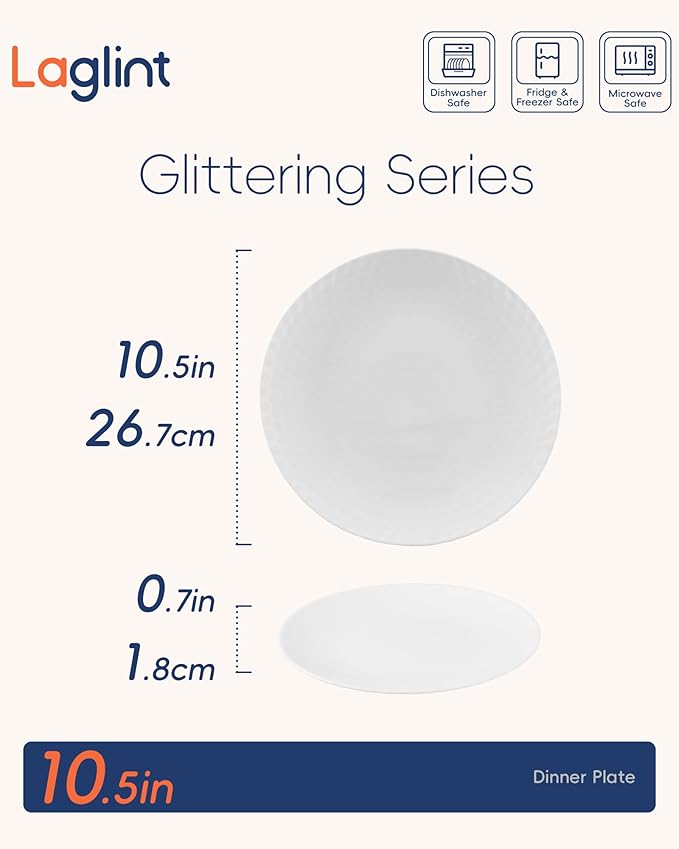 10.5 inch Dinner Plate Set of 6, Round Opal Glass Geometric Faceted White Dinnerware Plates, Dishwasher and Microwave Safe