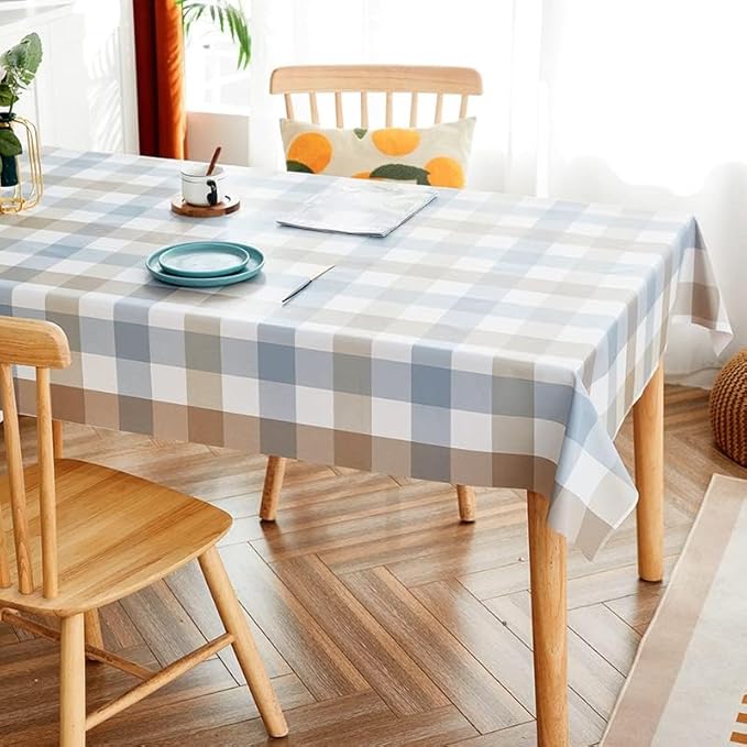 LOHASCASA Vinyl Oilcloth Tablecloth Rectangle Wipeable Peva Waterproof PVC Heavy Duty Stainproof Spillproof Large Tablecloth Farm Thanksgiving Banquet BBQ - Blue Grey Tan Plaid 9 ft 54 x 108 Inch