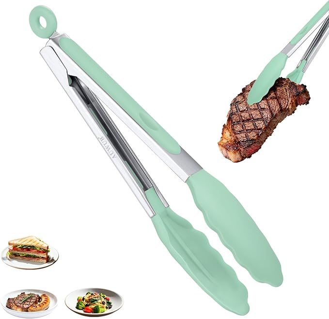 Salad Tongs, 7/9/12/16 Inch Silicone Food Tongs with 304 Stainless Steel Core, Easy-Grip, in Pistachio, Black, Blue, Orange, Red (Pistachio, 9inch)