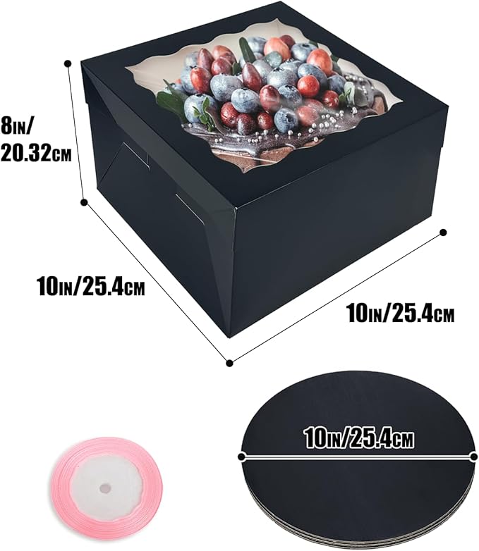 qiqee Black 10x10x8 Cake Box, 4 Sets Cake Box with Window 竊?4 Sets 10" Cake Round Boards, 10inch Cake Containers, 10 Meters Pink Silk Ribbon Includes