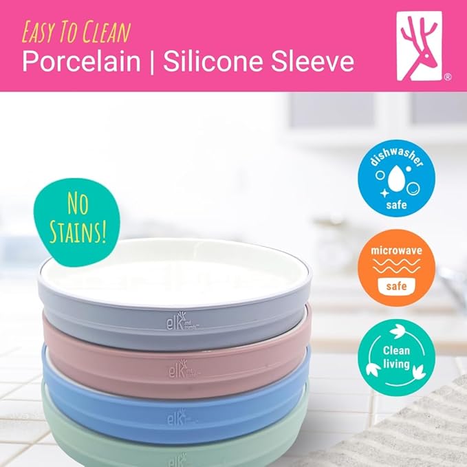 Elk and Friends Kids 7.8??Porcelain White Plates with Silicone Sleeves | Suitable for Babies/Toddlers | Microwave & Dishwasher Safe | Non Slip Dinnerware | Snack Dishes | 4 Pack