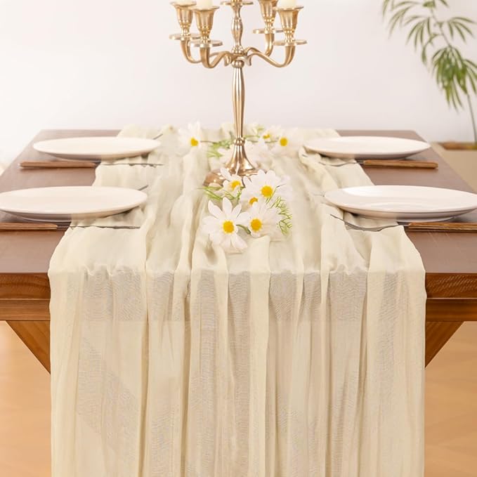 Socomi Beige Valentine's Day Cheesecloth Table Runner Boho Rustic Gauze 120 inch 10FT Cheese Cloth Runner for Wedding Party Baby Shower Birthday Home Decor Holiday Decorations
