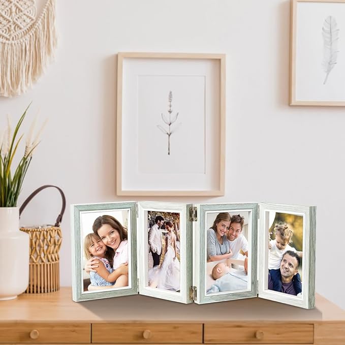POILKMNI 4 Folding 4x6 Inch Hinged Picture Frame, High Definition Natural Wood Picture Frame, Rustic Desktop Acrylic Frame Family Photo Collage for Birthday Father's Day Christmas Gifts