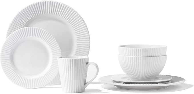 Elle D챕cor Reese Round Dinnerware Set ??16-Piece Porcelain Dinner Set w/ 4 Dinner Plate, 4 Salad Plates, 4 Bowls & 4 Mugs ??Unique Gift Idea Any Special Occasion or Birthday, Reese White (7857-16-RB)
