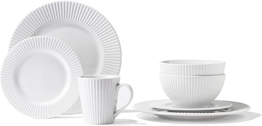 Elle D챕cor Reese Round Dinnerware Set ??16-Piece Porcelain Dinner Set w/ 4 Dinner Plate, 4 Salad Plates, 4 Bowls & 4 Mugs ??Unique Gift Idea Any Special Occasion or Birthday, Reese White (7857-16-RB)