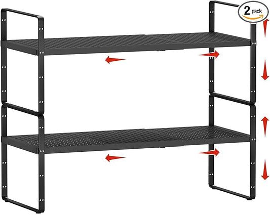 2Pack Expandable Cabinet Countertop Shelves 16.5-27?쇺셂, Adjustable Metal Spice Rack Organizer, Stackable Kitchen Counter Storage Shelves Organizers for Cabinet Organization, Black