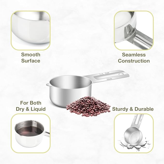 BERYLER 2PCS 1/4Cup (60ml, 2oz) Single Measuring Cup, Etched Inner Scale Stainless Steel Measure Scoop, Metric and US Measurement, Dishwasher Safe