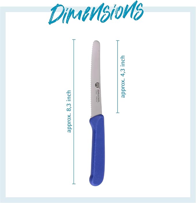 GR횆WE table knife 6 pieces, set for cutting, pack of 6 bread knives, for breakfast with serrated edge on one side, length 8.3 inch - handle color blue
