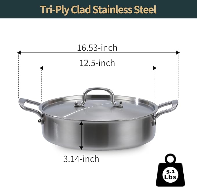 Deep Frying Pan with Lid, 6 Quart Tri-Ply Stainless Steel Saute Pan, 12inch Saute Pan with Lid, Rondeau Pot Compatible with All Cooktops Up to 600℉