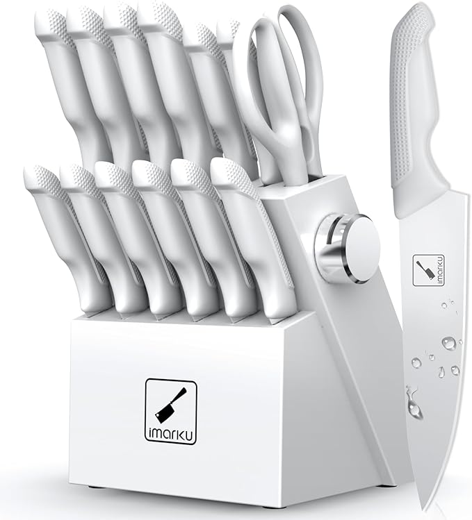 imarku Kitchen Knife Set, Japanese Knives Set for Kitchen, Stainless Steel Knife Set with Block, Kitchen Gadgets, White, Anti-Slip Handle, Dishwasher Safe, Gift for Women
