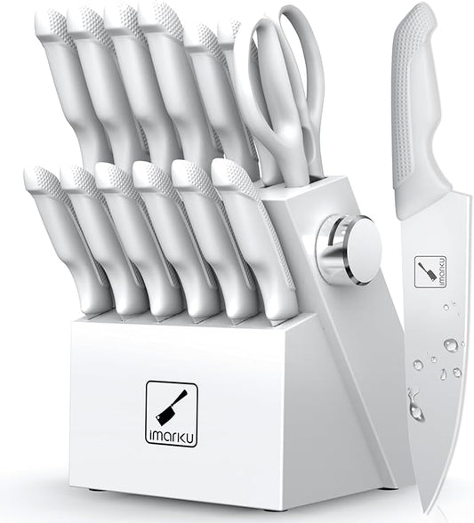 imarku Kitchen Knife Set, Japanese Knives Set for Kitchen, Stainless Steel Knife Set with Block, Kitchen Gadgets, White, Anti-Slip Handle, Dishwasher Safe, Gift for Women