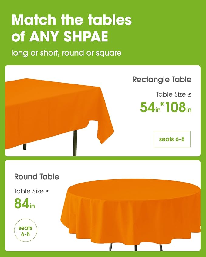 Pureegg Plastic Table Cloth Disposable 12 Pack, 54 x 108 Inch Table Cloths, Halloween Party, Thanksgiving Decorations, Harvest, Fall Tablecloths, Rectangle Tables, Leakproof & Sturdy, Orange