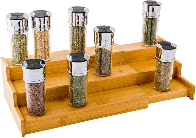 Restaurantware-12.5 x 9.75 x 4.25 Inch Spice Shelf, 1 Expandable Spice Step - 3-Tier, For Kitchen Cabinets, Pantries, Countertops, or Bathrooms, Bamboo Spice Riser, Store Seasonings or Colognes