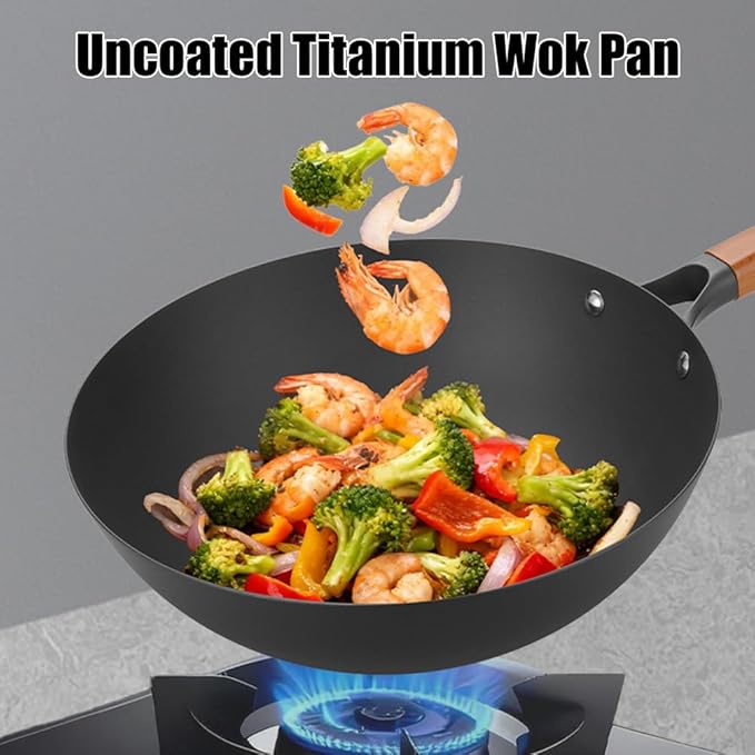 13 Inch Carbon Steel Wok Pan with Lid, Titanium Iron Flat Bottom Woks & Stir-fry Pans, Ultra-Durable, Scratch-Resistant, Even Heating Frying Pans, Compatible with All Cooktops,13.39IN