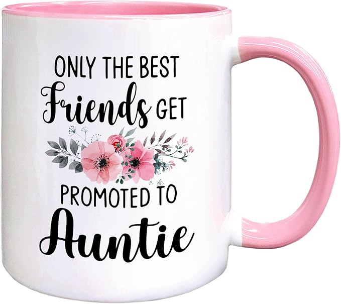 QASHWEY Auntie to Be Gifts Coffee Mug, Funny Pregnancy Announcement Gifts for Best Friend NewAuntie, Get Promoted to Auntie Double Side Printed Ceramic Mug Cup 11 Ounce(Pink)
