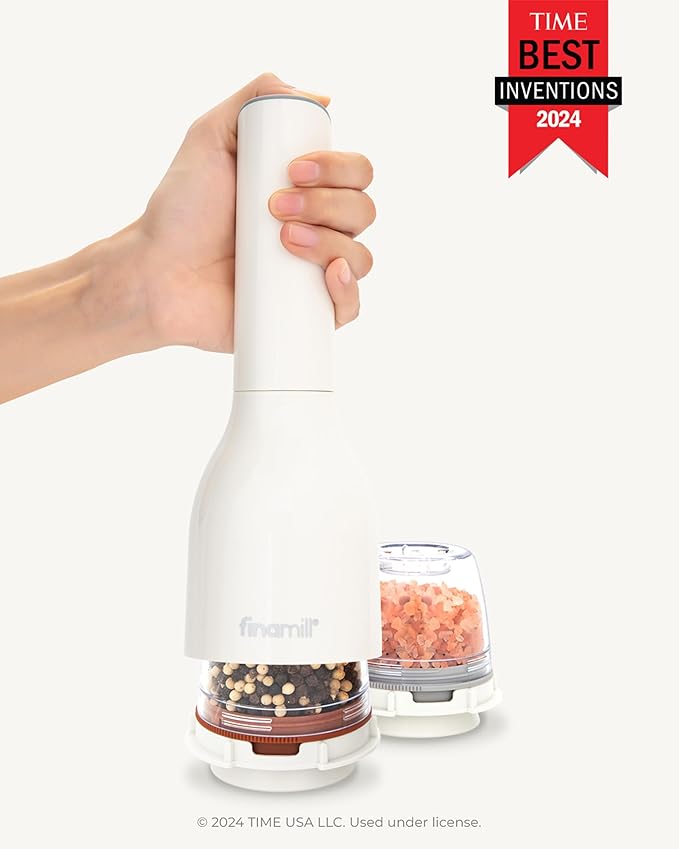 FinaMill Classic Battery Spice Mill ??Battery Operated Salt and Pepper Grinder Set, Includes 2 Interchangeable Spice Pods, Adjustable Coarseness, Ceramic Grinder, LED Light, Kitchen Gifts for Women