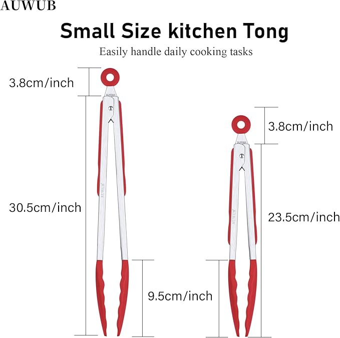 Salad Tongs, 7/9/12/16 Inch Silicone Food Tongs with 304 Stainless Steel Core, Easy-Grip, in Pistachio, Black, Blue, Orange, Red (Red, 9+12inch)