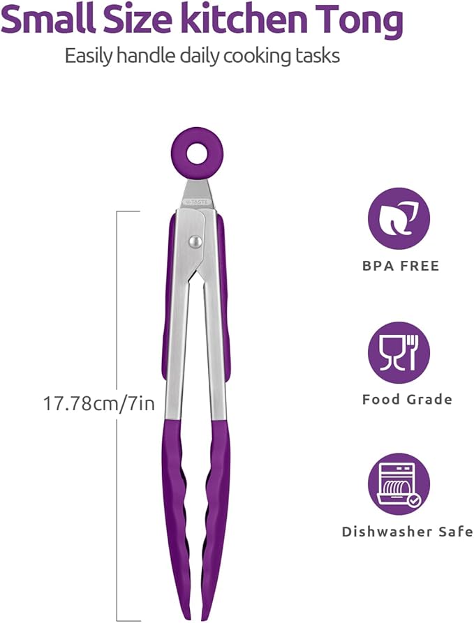 600쨘F Heat Resistant Kitchen Tong: U-Taste 7 inch Silicone Cooking Tong with Firm Sealed Non Stick Rubber Tips & Silicon Coated 18/8 Stainless Steel Handle & Smooth Locking for Serving Salad (Purple)