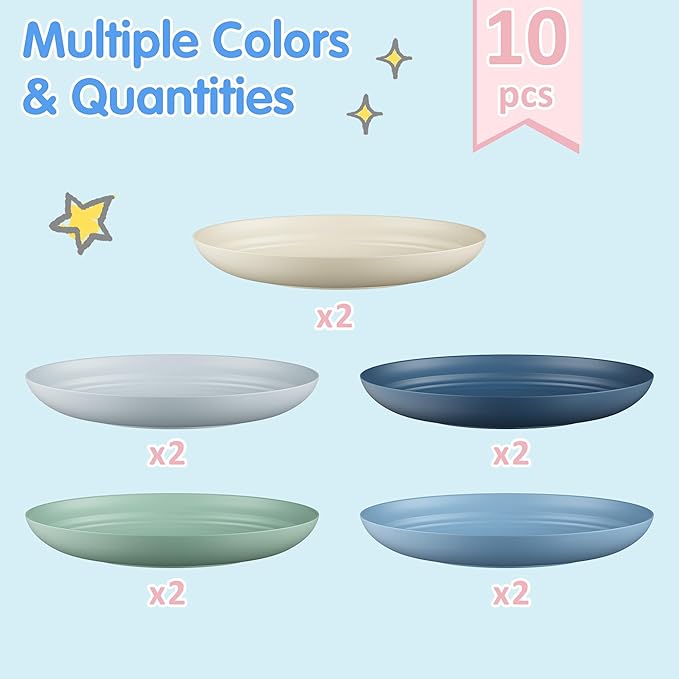 Quatish 10 PCS Unbreakable Reusable Plastic Plates,10 inch Dishwasher & Microwave Safe Dinner Plate, Easy-to-Clean Lightweight,Portable for Kitchen & Picnics Wheat Straw Plates（Blue）