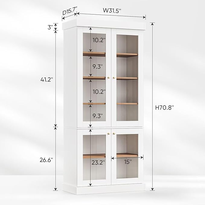 Vyre 70.8" Bookshelf with Glass Doors, Farmhouse Modular Bookcase with 6-Tier Adjustable Shelves, Large Storage Cabinet for Living Room & Home Office, Set of 3, White