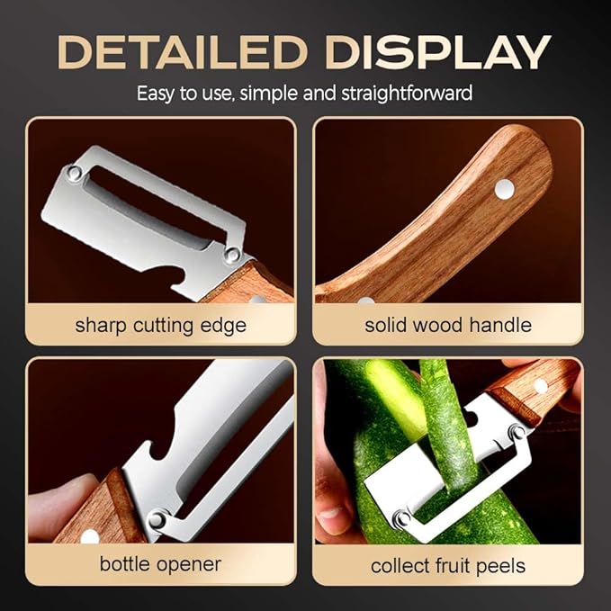 Multi-Functional Vegetable Peeler for Kitchen, Ultra-Sharp Stainless Steel Blade with Wooden Handle and Bottle Opener, For Vegetables or Fruits that Need to Be Peeled (3 Pcs)