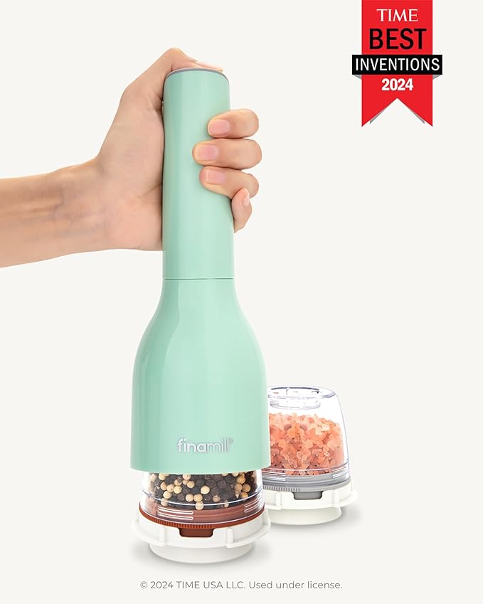 FinaMill Classic Battery Spice Mill ??Battery Operated Salt and Pepper Grinder Set, Includes 2 Interchangeable Spice Pods, Adjustable Coarseness, Ceramic Grinder, LED Light, Kitchen Gifts for Women