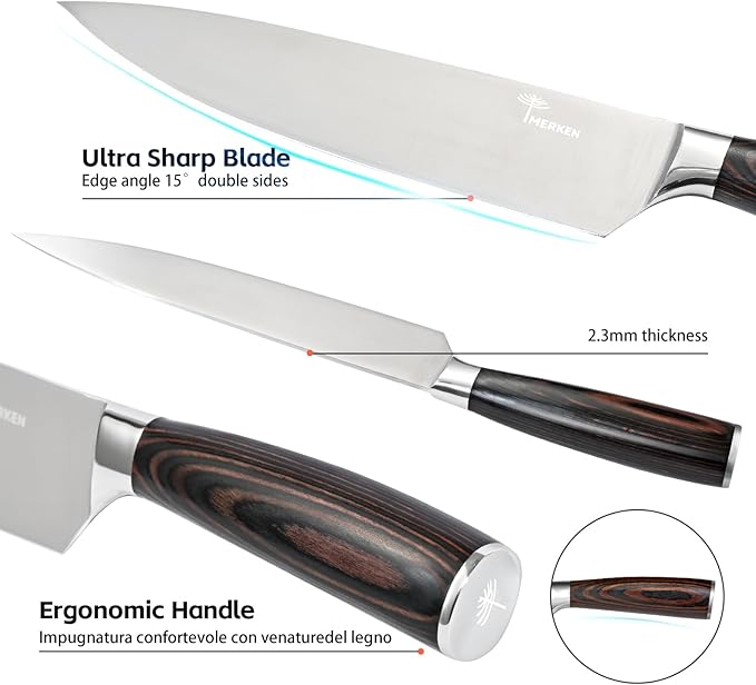 Kitchen Knife Set - 3 Pieces | Chef Knife Set | 8" Chef Knife, 5" Utility, 3.5" Paring | High Carbon Stainless Steel, Ultra Sharp Blades, Ergonomic Pakkawood Handles | Japanese Style Kitchen Knife