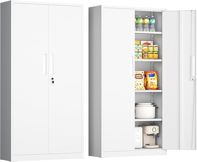 INTERGRAET 63" Tall Pantry Cabinet,Kitchen Pantry Storage Cabinets with 2 Doors and 4 Shelves,White Metal Storage Cabinet,Cupboard for Home,Kitchen,Living Room/Dining