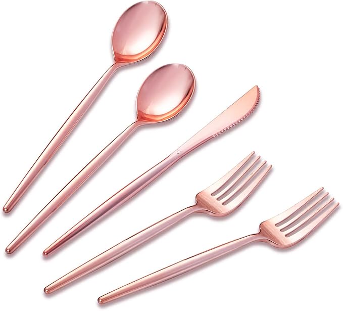 SUT 150Pcs Rose Gold Plastic Silverware, Disposable Cutlery Set, Heavy Duty Plastic Flatware Set竊똃isposable Rose Gold Utensils Include 50 Forks,50 Spoons, 50 Knives Perfect for Party