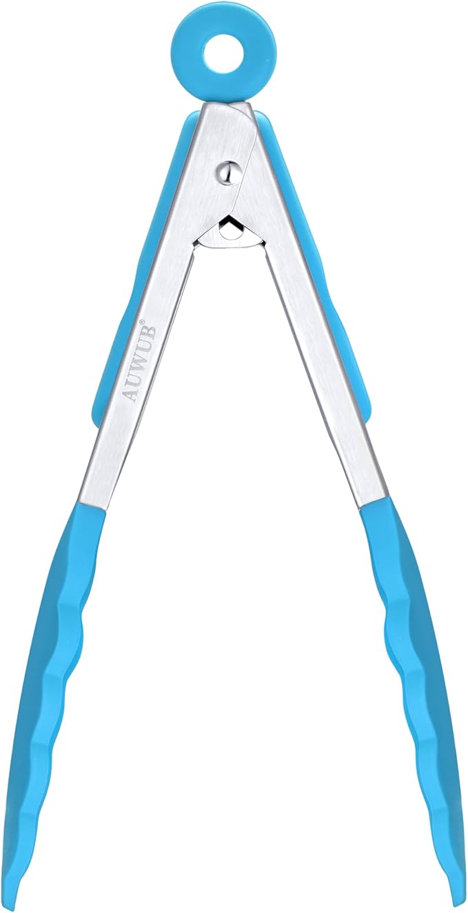 Salad Tongs, 7/9/12/16 Inch Silicone Food Tongs with 304 Stainless Steel Core, Easy-Grip, in Pistachio, Black, Blue, Orange, Red (Blue, 7inch)