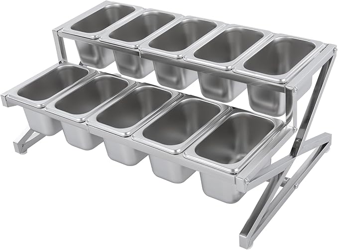 Expandable Stainless Steel Spice Rack Organizer with 10 (1.59 Qt) Lidded Pans, Adjustable 14-25.6 Inch 2-Tier Shelf for Kitchen Counter, Cabinet & Commercial Use