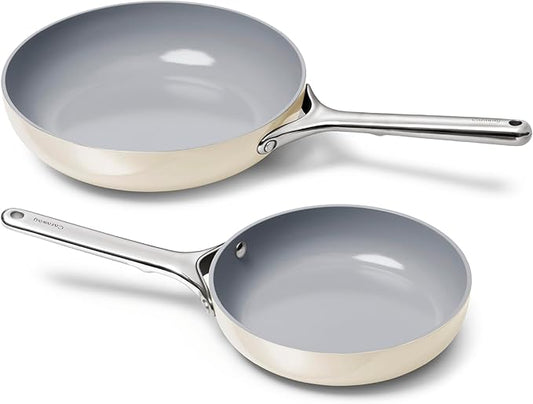 Caraway Fry Pan Duo - Nonstick Ceramic Frying Pan (8" & 10.5?? - Non Toxic, PTFE & PFOA Free - Oven Safe & Compatible with All Stovetops (Gas, Electric & Induction) - Cream
