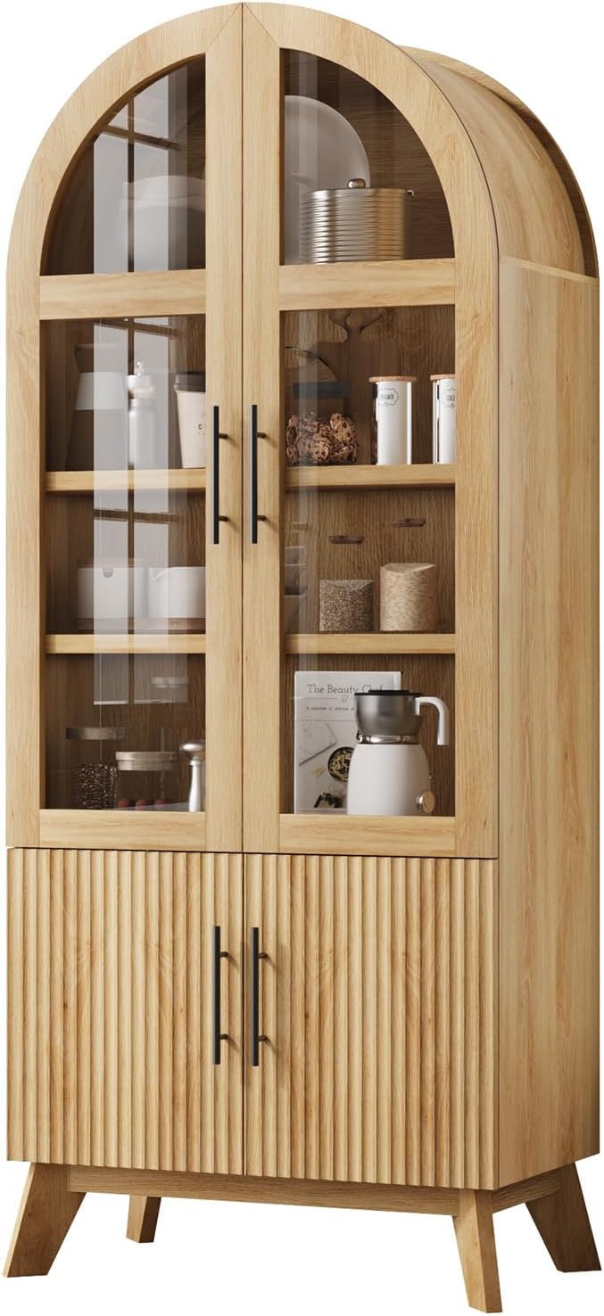 QUW 71" Tall Arched Kitchen Pantry Cabinet, Modern Fluted Display Cabinet with Glass Door & Adjustable Shelves, Storage Cabinet for Kitchen, Living Room, Dining Room, Bathroom, Natural Oak