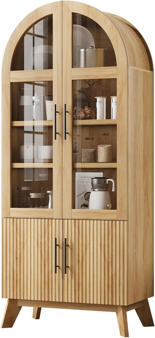 QUW 71" Tall Arched Kitchen Pantry Cabinet, Modern Fluted Display Cabinet with Glass Door & Adjustable Shelves, Storage Cabinet for Kitchen, Living Room, Dining Room, Bathroom, Natural Oak