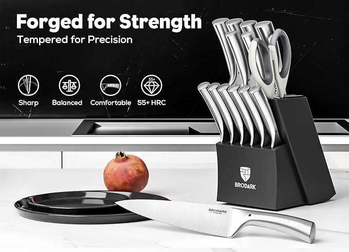 BRODARK Knife Block Set: Kitchen Knives Set with Block and Sharpener, 15 Pcs Ultra Sharp Chef knife, High Carbon Stainless Steel, Ergonomic Handle Non-Slip Grip, Silver Wolf Series with Gift Box