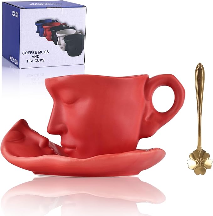 oliruim Red Coffee Cup and Saucer Set - Ceramic Unique Kissing 8.5 oz Coffee Mug Set with Spoon, Face Coffee Cup and Saucer for Valentine, Wedding, Anniversary Decor (Red)