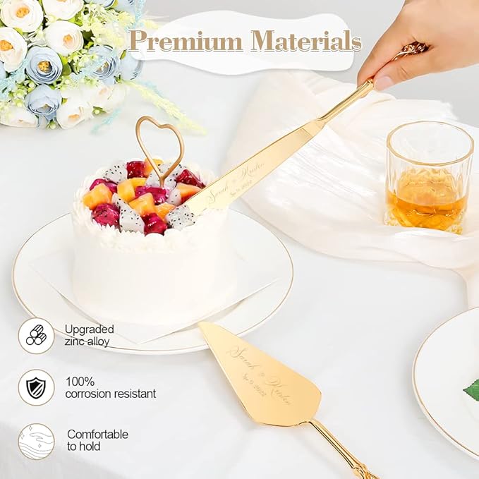Wedding Cake Knife and Server Set, Personalized Gold Cake Cutting Set for Wedding, Engraved Classic Cake Knives Cutter Set, Pie Pastry Server, Birthday Bridal Gift (CUS-Crown)
