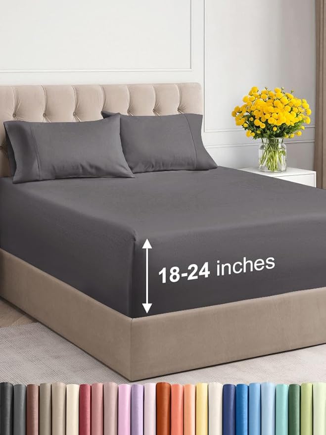 Extra Deep Twin XL Sheet Set - 4 Piece Breathable & Cooling Sheets - Hotel Luxury Bed Sheets Set - Easy & Secure Fit - Soft, Wrinkle Free & Comfy Sheets Set - Grey Sheet Set with Extra Deep Pockets